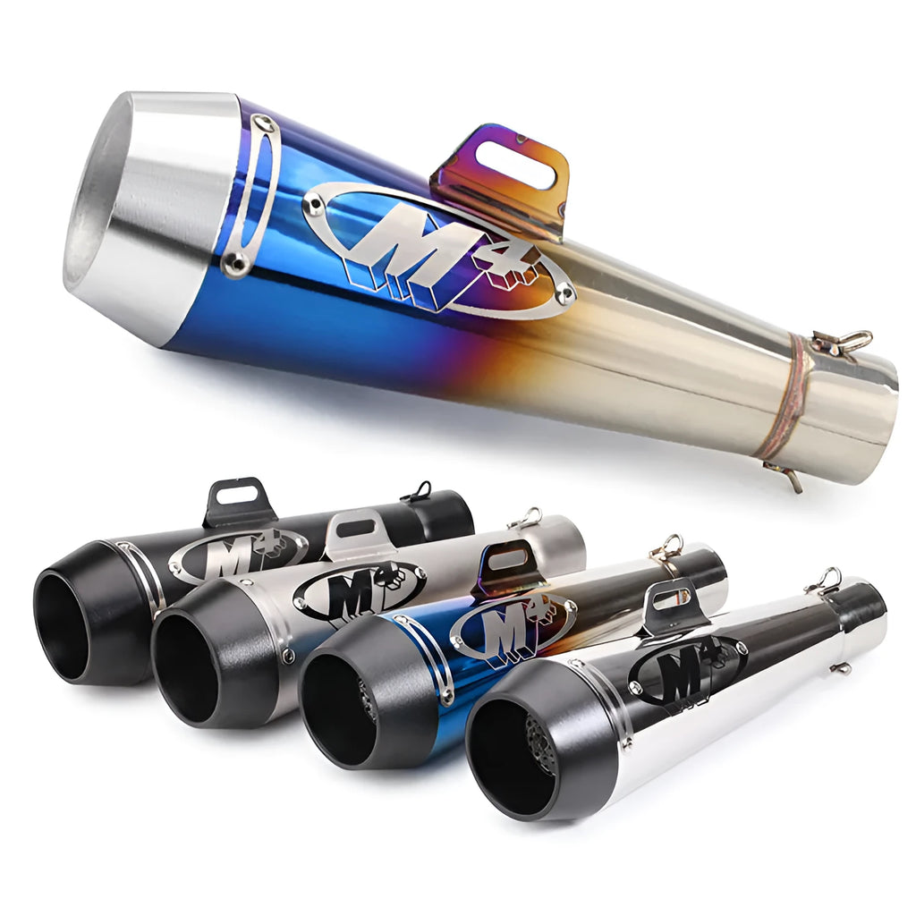 Universal M4 motorcycle exhaust pipe in multiple finishes including black steel and titanium colour