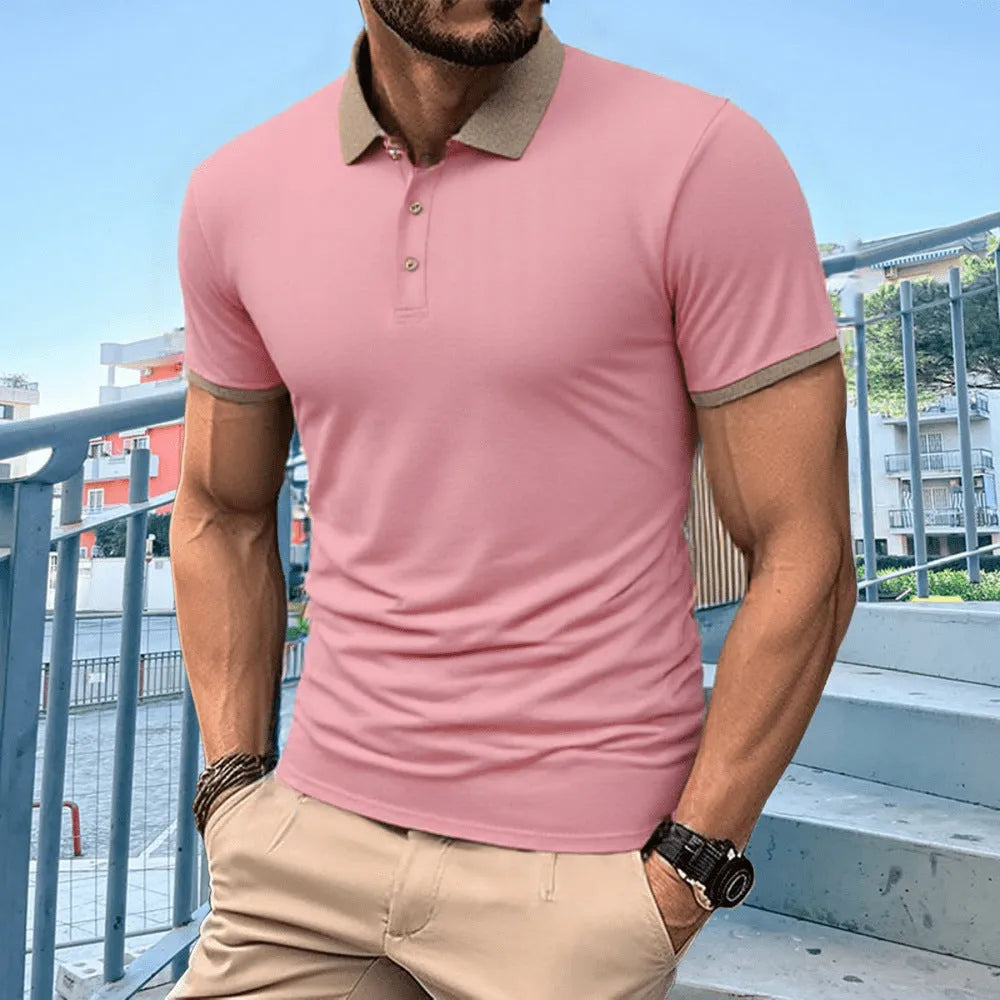 Summer polo shirt in ice silk fabric showing flocking detail and short sleeve design
