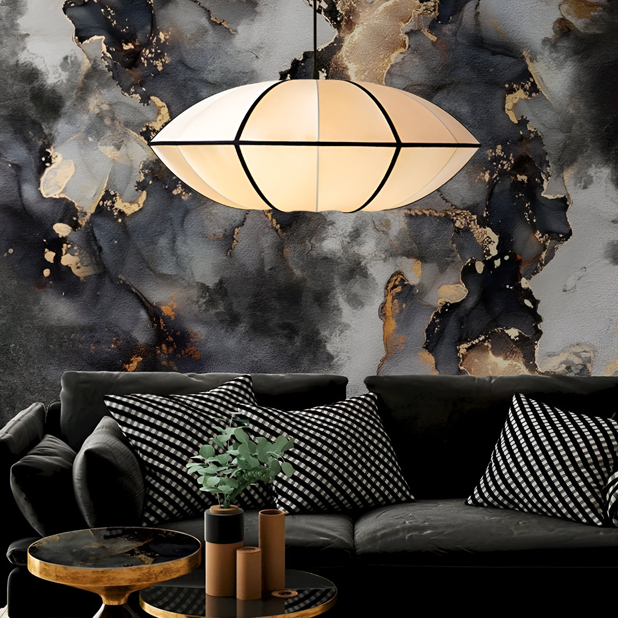 Japanese retro ceiling light in fabric and alloy, 40cm diameter milky white with black edge, warm light