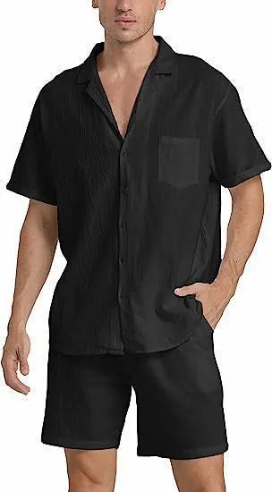Men's flax fabric sports shorts suit with short-sleeved top and matching shorts
