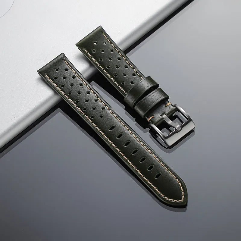 New business hollow-out first layer cowhide watch strap in six colour options on white background