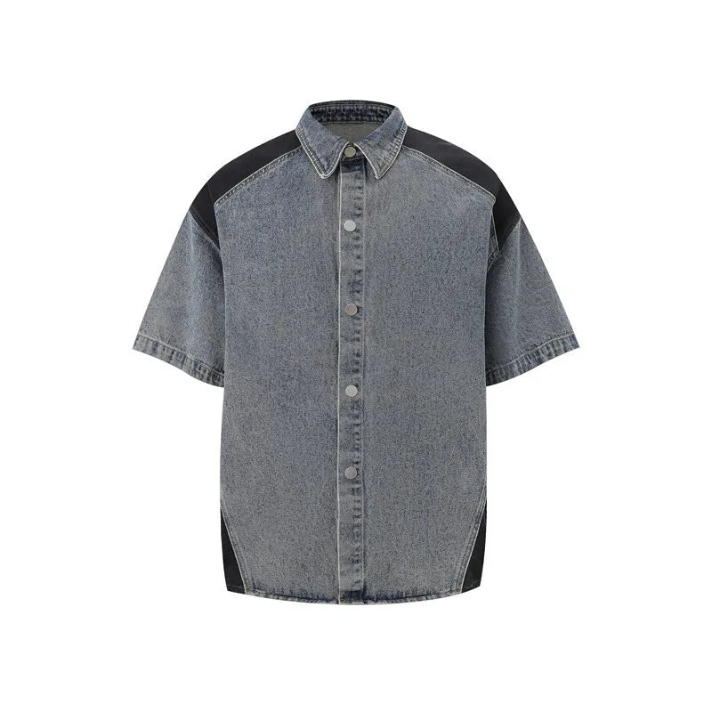 Retro washed denim suit set with short-sleeved shirt and matching trousers in black colour