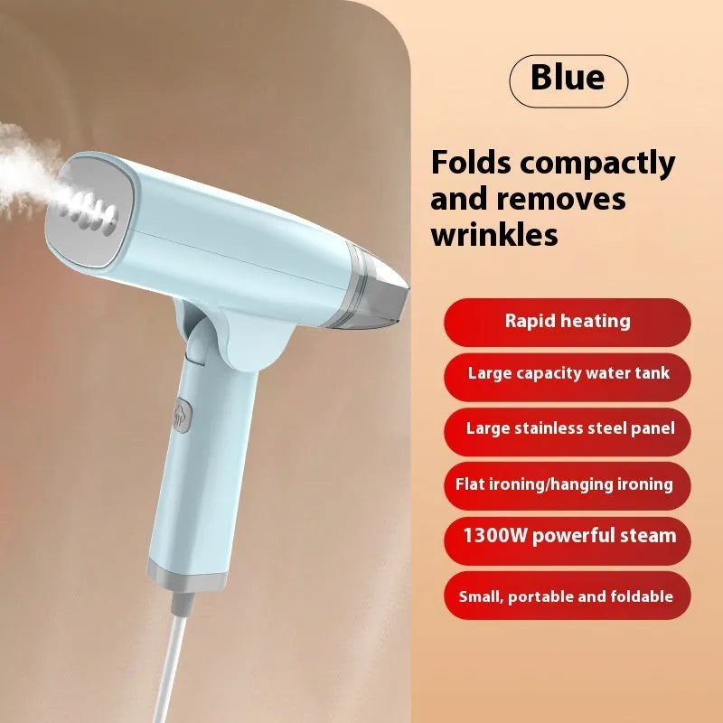 Blue handheld garment steamer unit with water tank and nozzle, showing compact size.