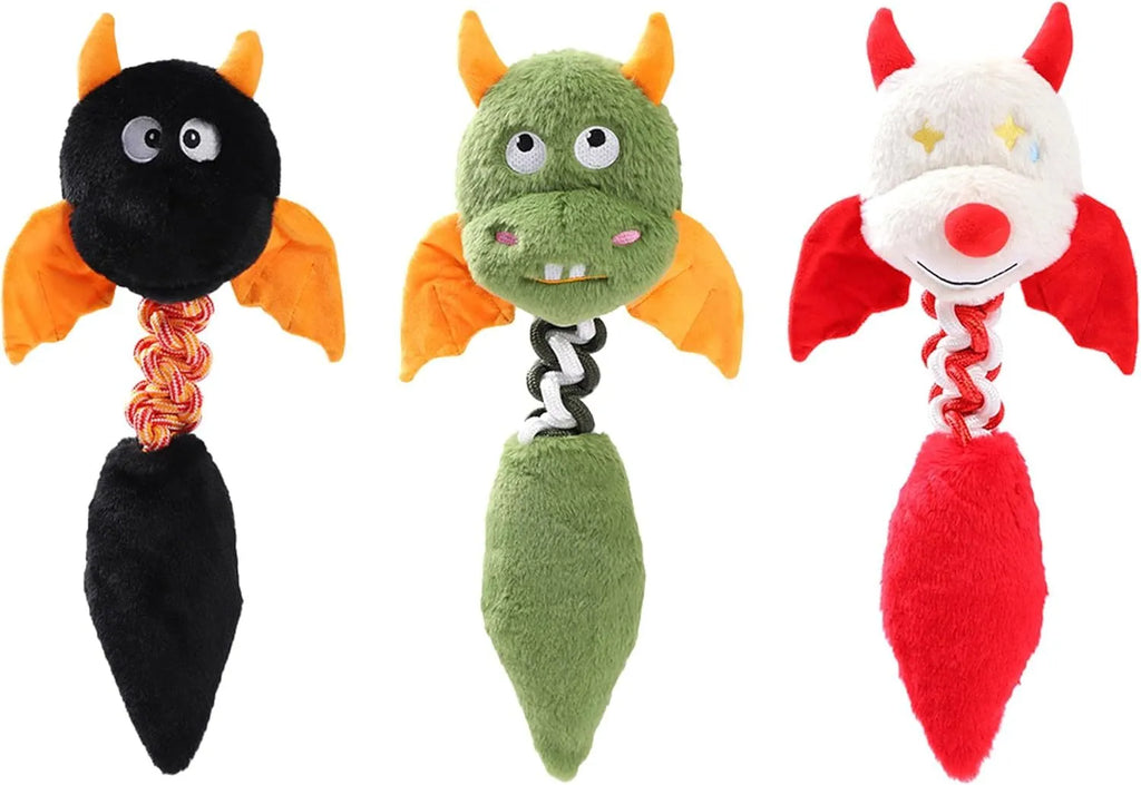 Large black, green, or red plush dog toy with cartoon design, squeaker, and rope knot.