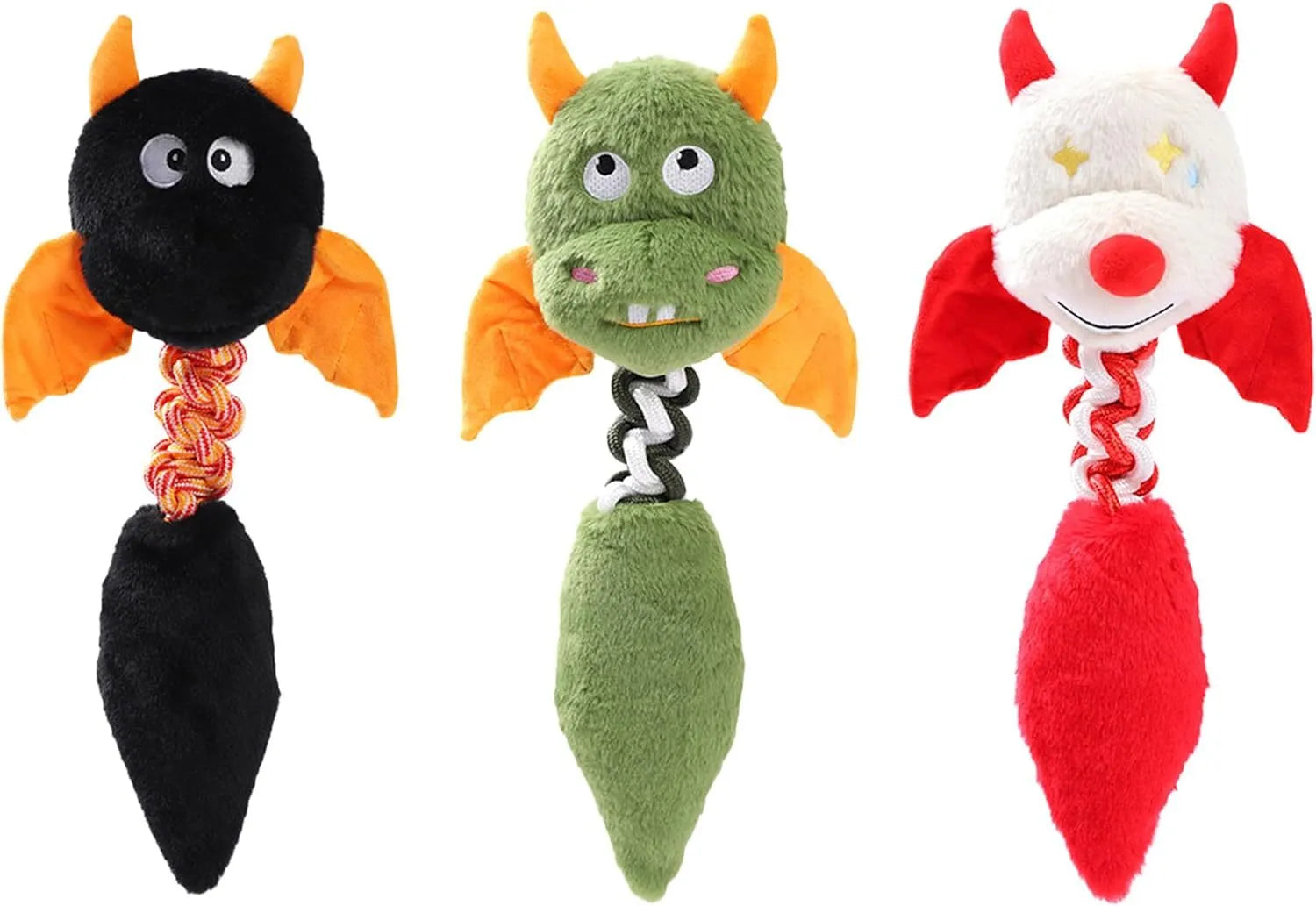 Large black, green, or red plush dog toy with cartoon design, squeaker, and rope knot.