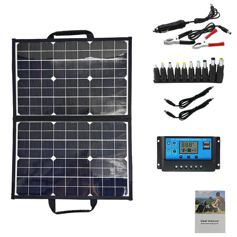 Black 40W single crystal solar panel folded inside its portable carrying bag.