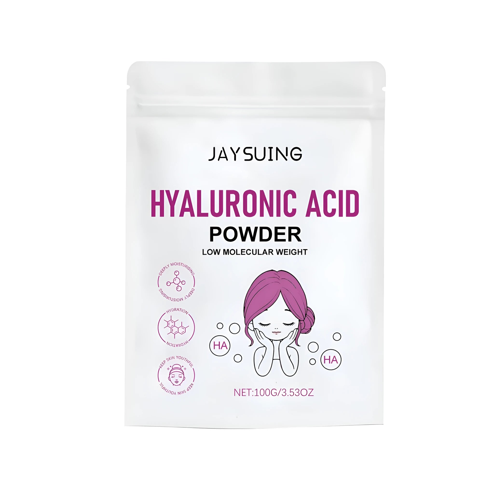 Hyaluronic acid powder in container with 100g capacity for DIY facial mask creation