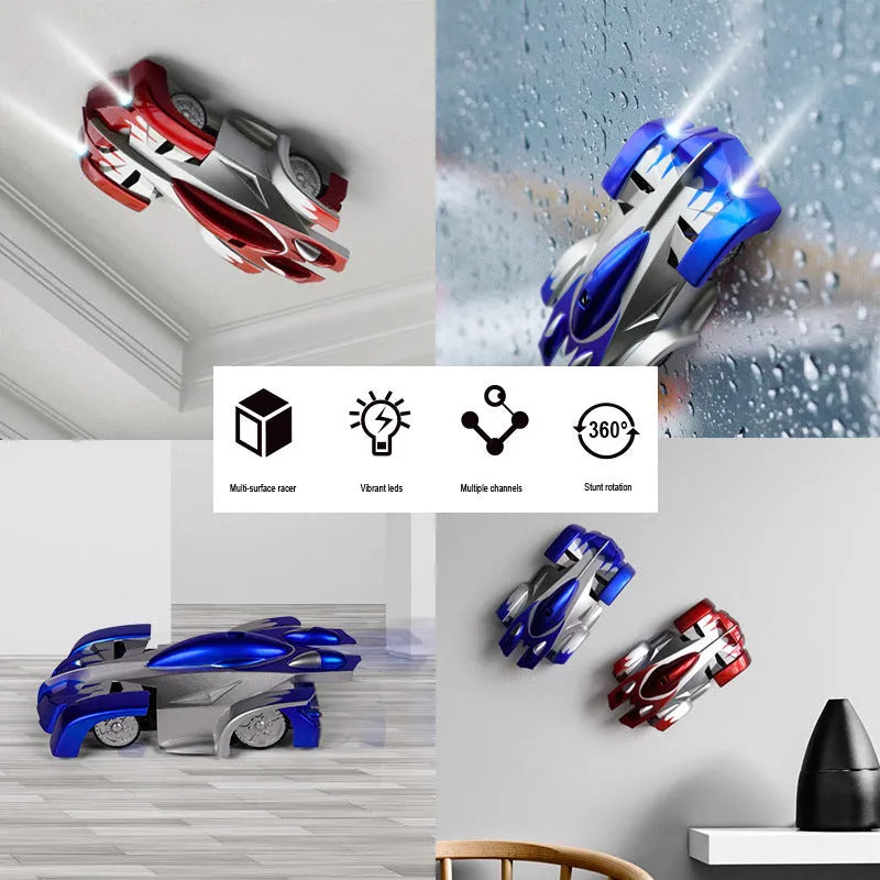 Wall climbing RC car in black with LED lights and 360-degree rotation on a wall surface