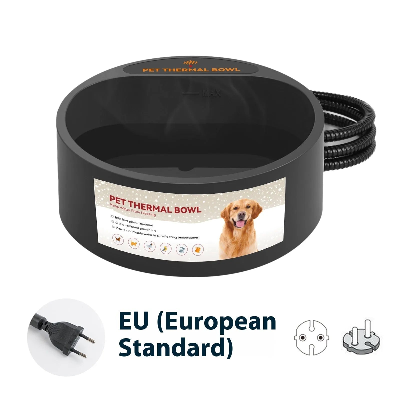 Black ABS plastic heated pet bowl with 2.2L capacity and power cord.