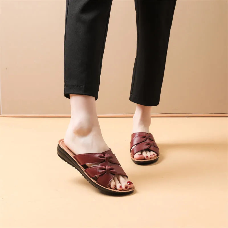 Women's cowhide leather slippers in beige with soft non-slip sole and imitation leather lining
