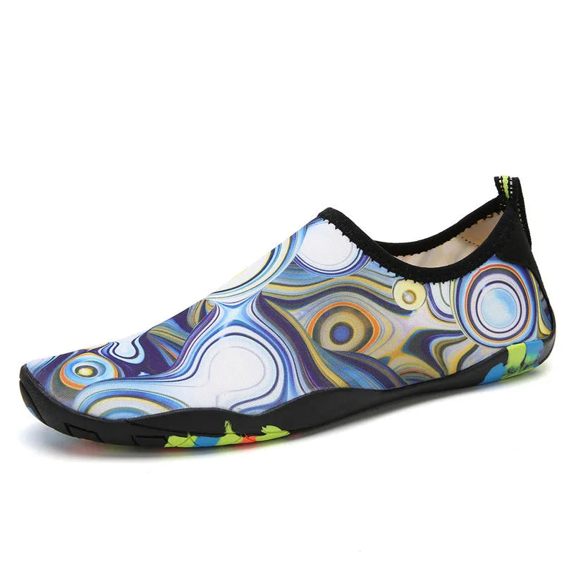 Blue elastic water wading shoes with EVA sole for beach and swimming.