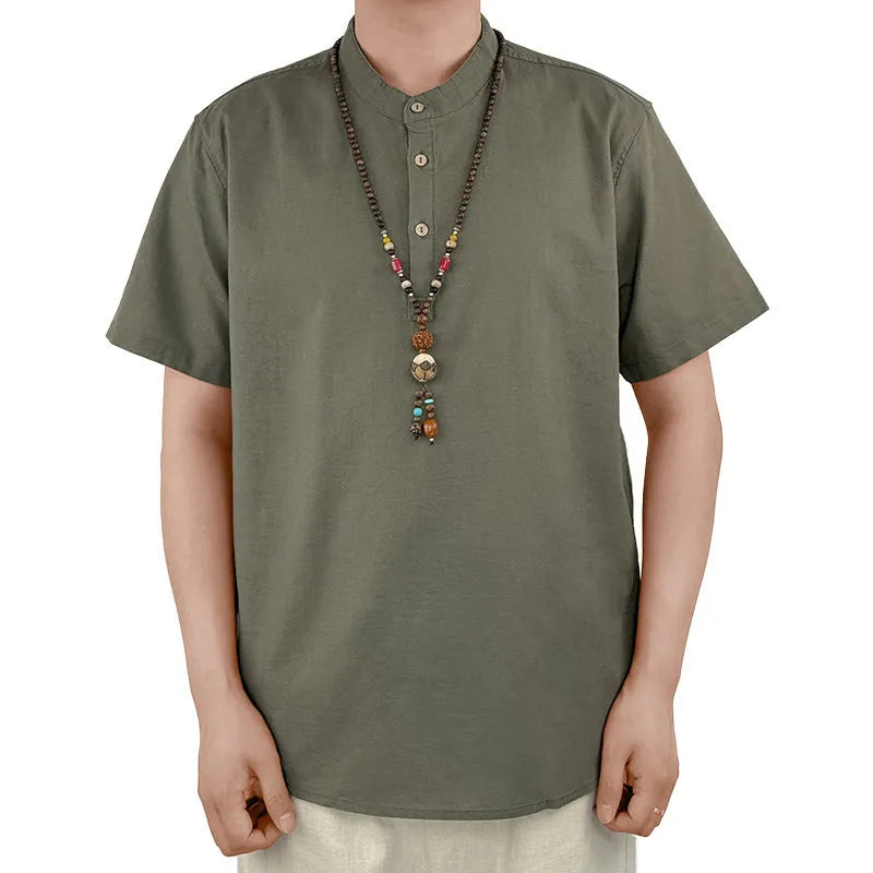 Men's solid colour short sleeve linen blend t-shirt in grey green on a hanger