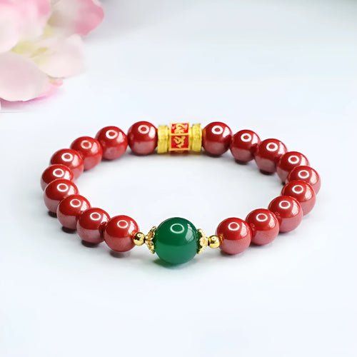 Cinnabar bracelet with Emperor Sandstone Six Words Motto design, 8mm bead size.