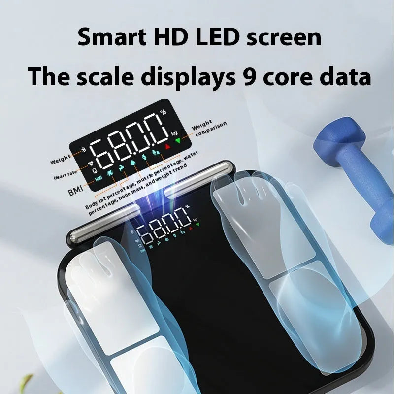 Black electronic body composition scale with tempered glass platform and colour display screen