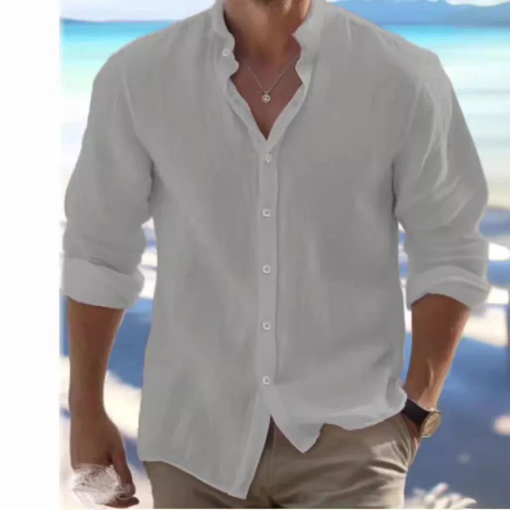 Men's long-staple cotton pullover beach shirt in light blue with button front and stitching details