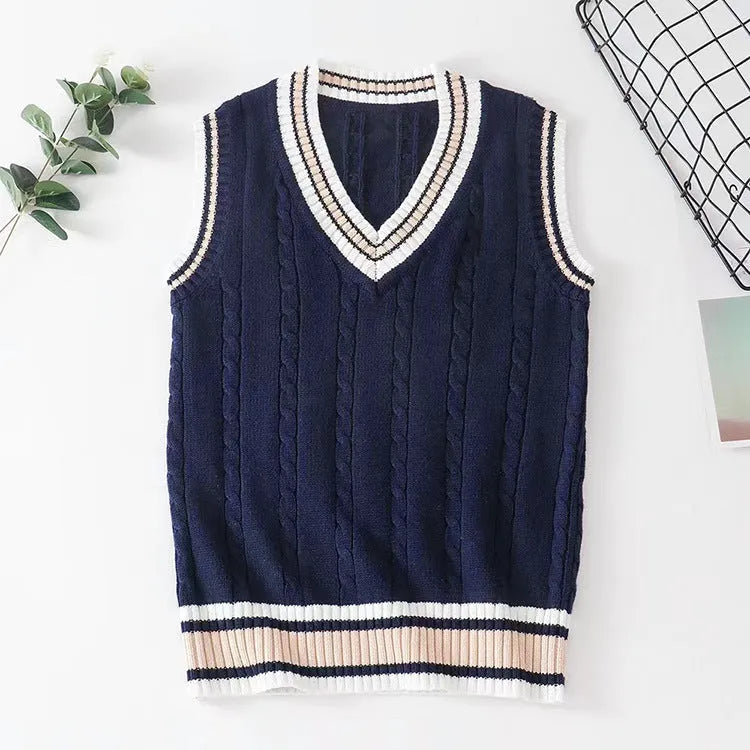 Thick V-neck pullover sleeveless school uniform sweater vest in white, loose fit, contrast colour trim
