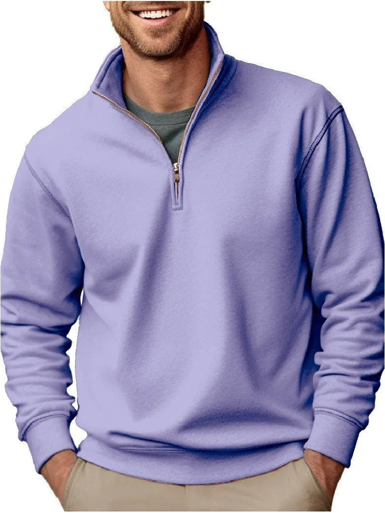 Men's purple casual zipper velvet stand collar solid colour long sleeve pullover sweater with front patch pocket