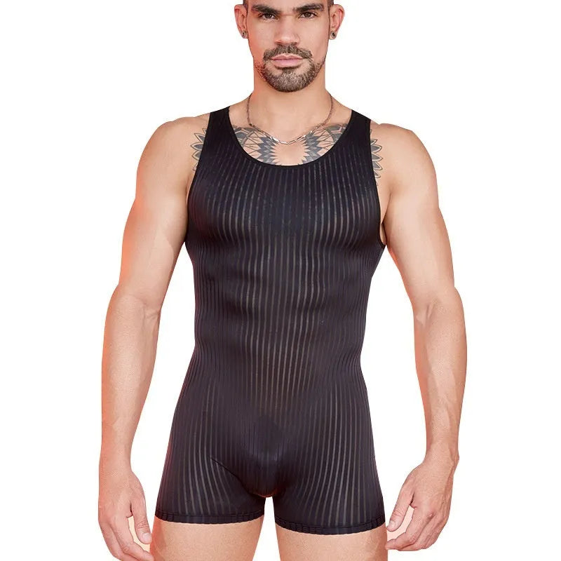 Men's striped jumpsuit in lightweight nylon fabric with vertical bar pattern