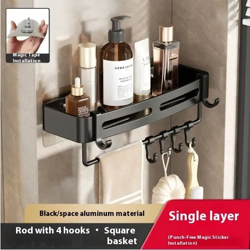 Gun grey punch-free wall-mounted bathroom corner storage rack with fan-shaped design