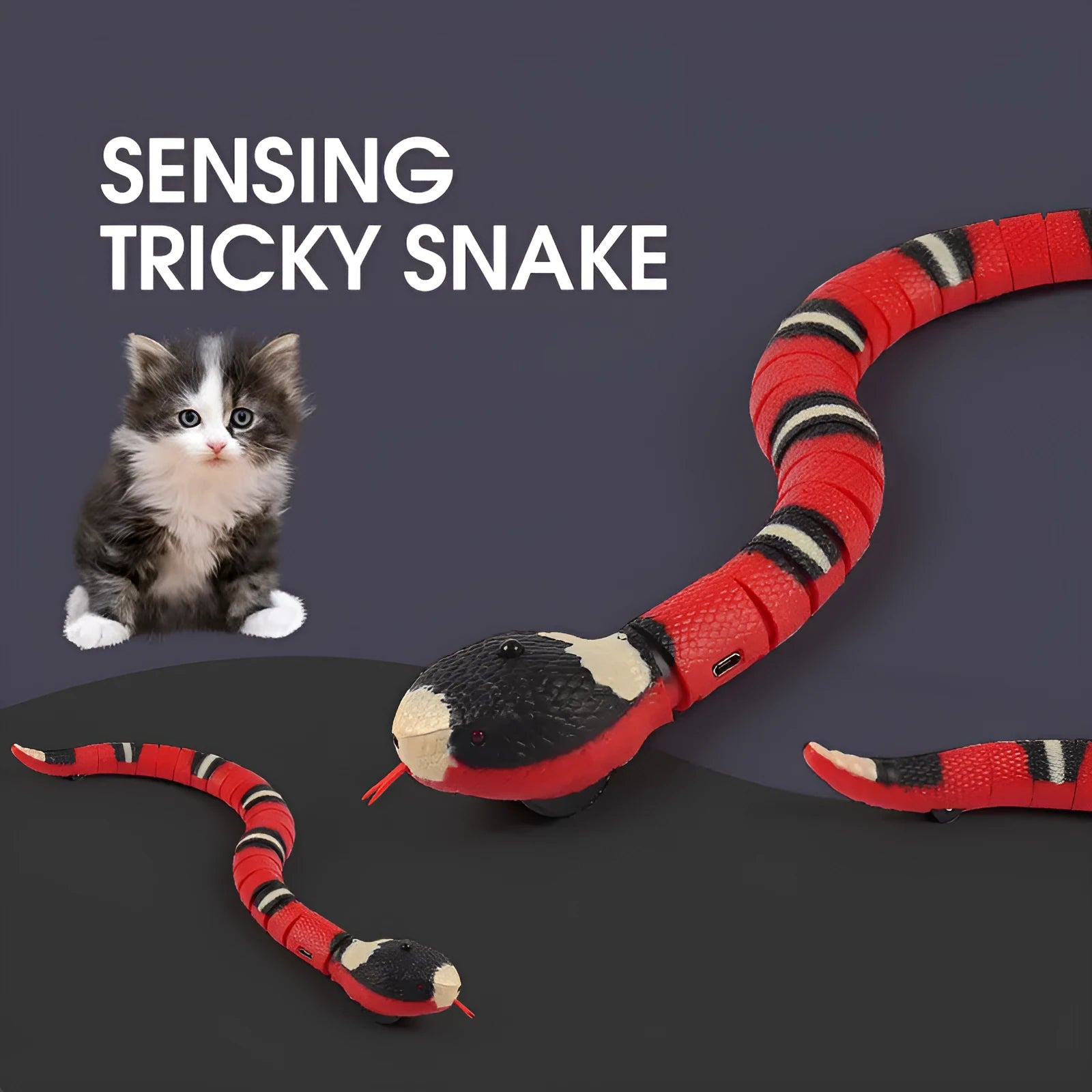 Smart sensing electronic snake cat toy with segmented plastic body and USB charging port