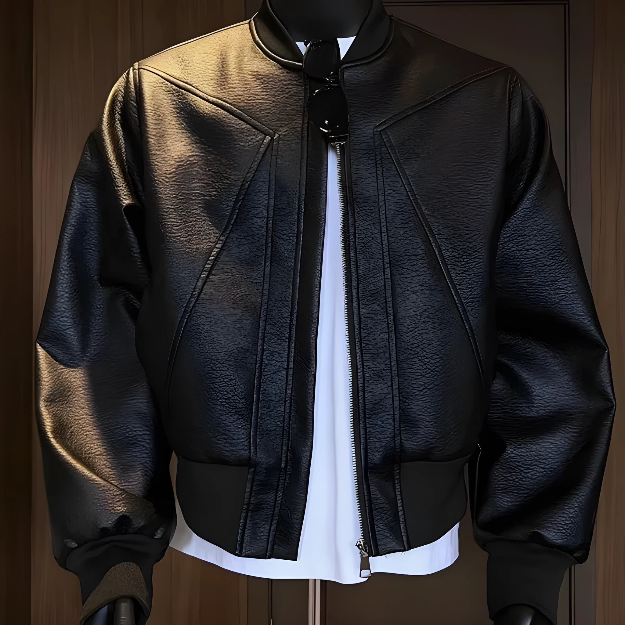 Men's black fitted PU leather jacket with litchi grain texture and 100cm extended length.