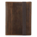 Brown Crazy Horse Leather A5 notebook protective sleeve square socket style cover on wooden background