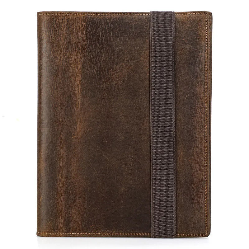 Brown Crazy Horse leather A5 notebook protective sleeve showing square shape and socket closure.