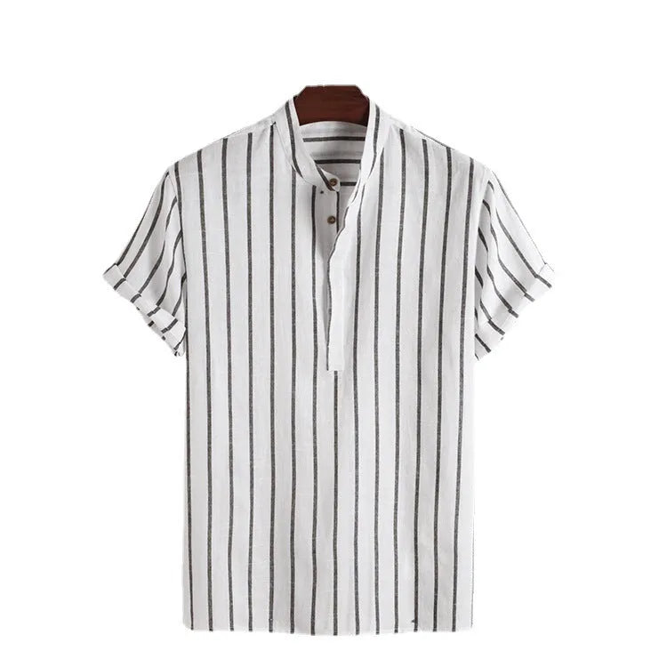 Fashion striped casual men's short sleeve cotton shirt pullover in regular fit, available in multiple colours
