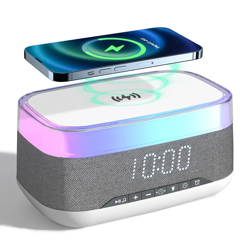 White multifunctional alarm clock with Bluetooth speaker and wireless charging pad display