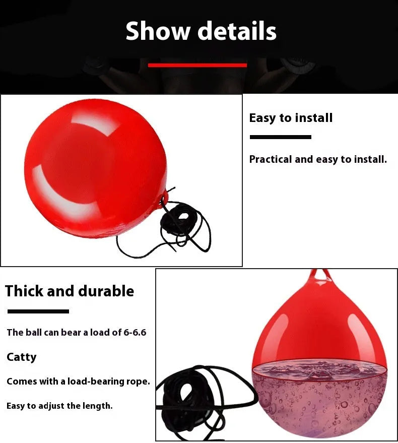 Red water-filled boxing reaction ball with hook rope for martial arts training