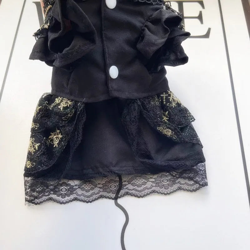 Golden gothic-style skirt dress for cats or dogs on a mannequin showing princess design and polyester fabric