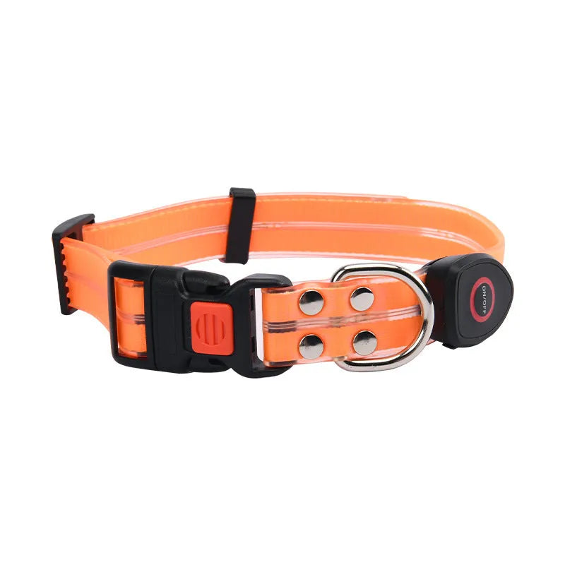 LED light-emitting pet collar and hand holding rope set in orange and black colours for night walking