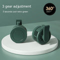 Green wrist hanging fan with light and USB power bank showing three speed settings and wearable design