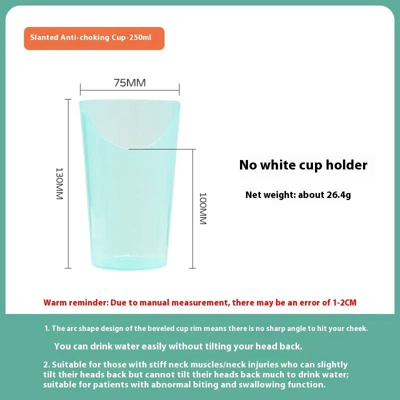 Oblique mouth anti-choke bed care cup with handle and optional wrist splint attachment