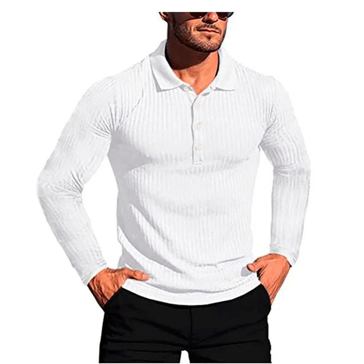 Man wearing a striped loose-fit short sleeve shirt in a high elastic knit fabric, showing the stretch and casual style.