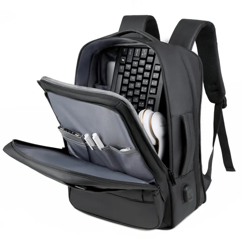 Black waterproof Oxford cloth backpack with curved shoulder straps and business organisation