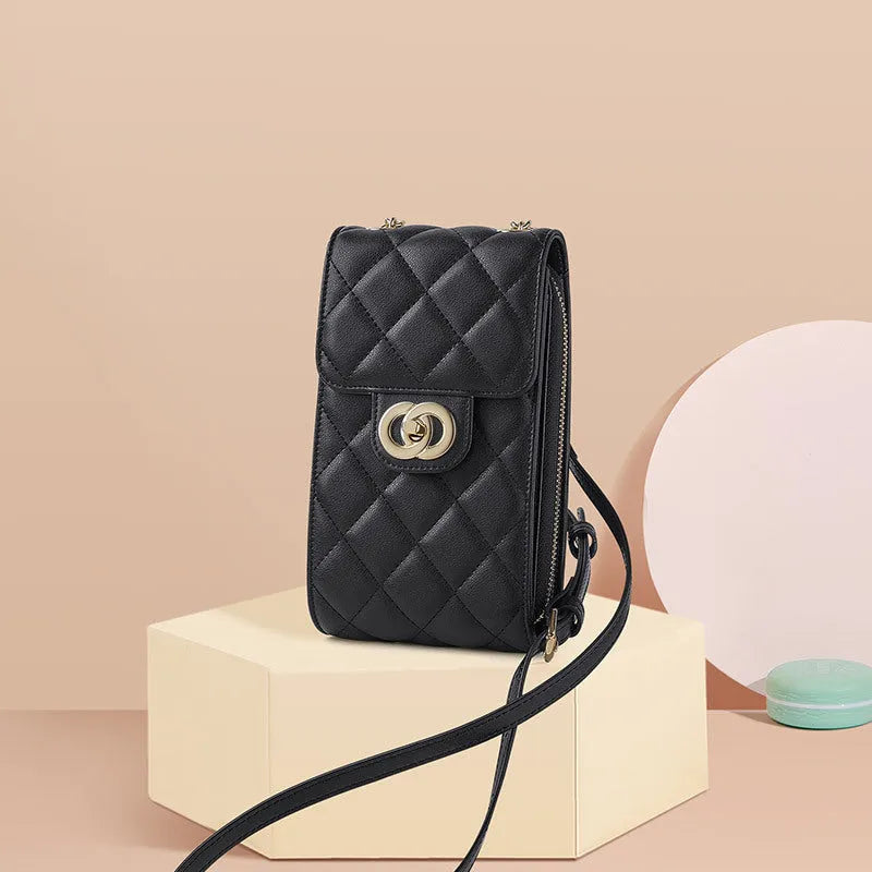 Women's genuine leather mini messenger bag in black with rhombus pattern and single shoulder strap