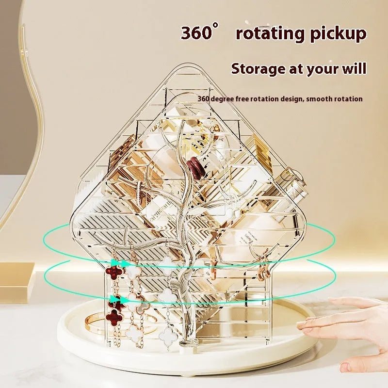 Rotating clear plastic cosmetics storage box with tiered compartments for brushes and bottles.