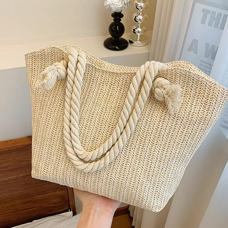 Womens straw large capacity shoulder handbag in khaki with synthetic leather lining and single strap