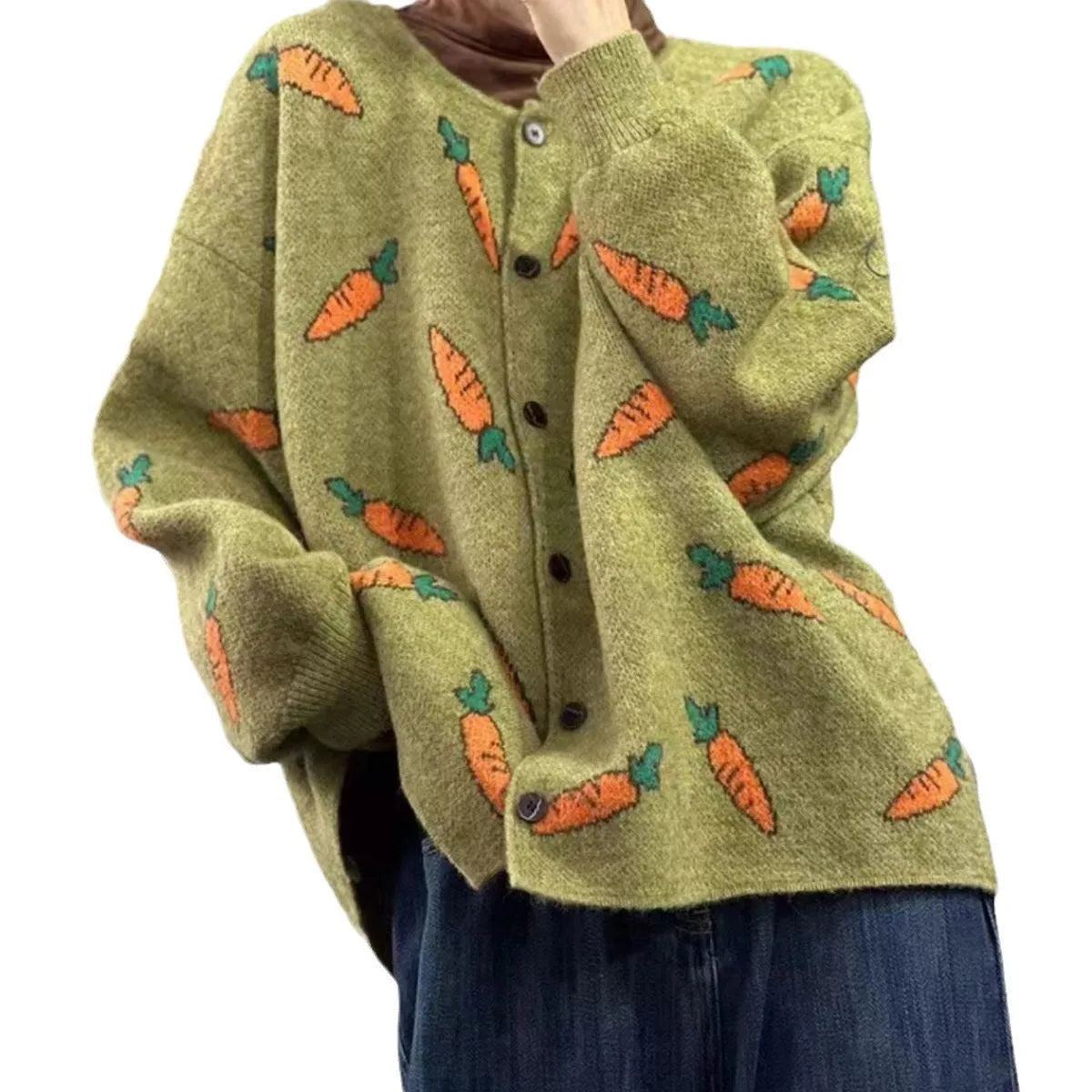 Round neck cardigan sweater with artistic colour print contrast and loose fit design