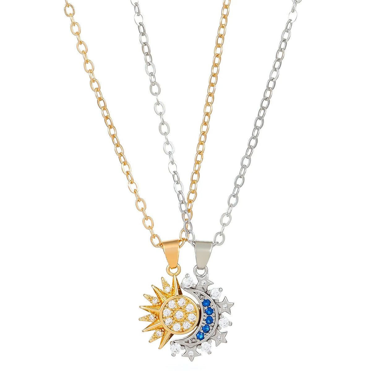 Two copper sun and moon magnetic pendant necklaces on a white background, clavicle chain length, set for couples