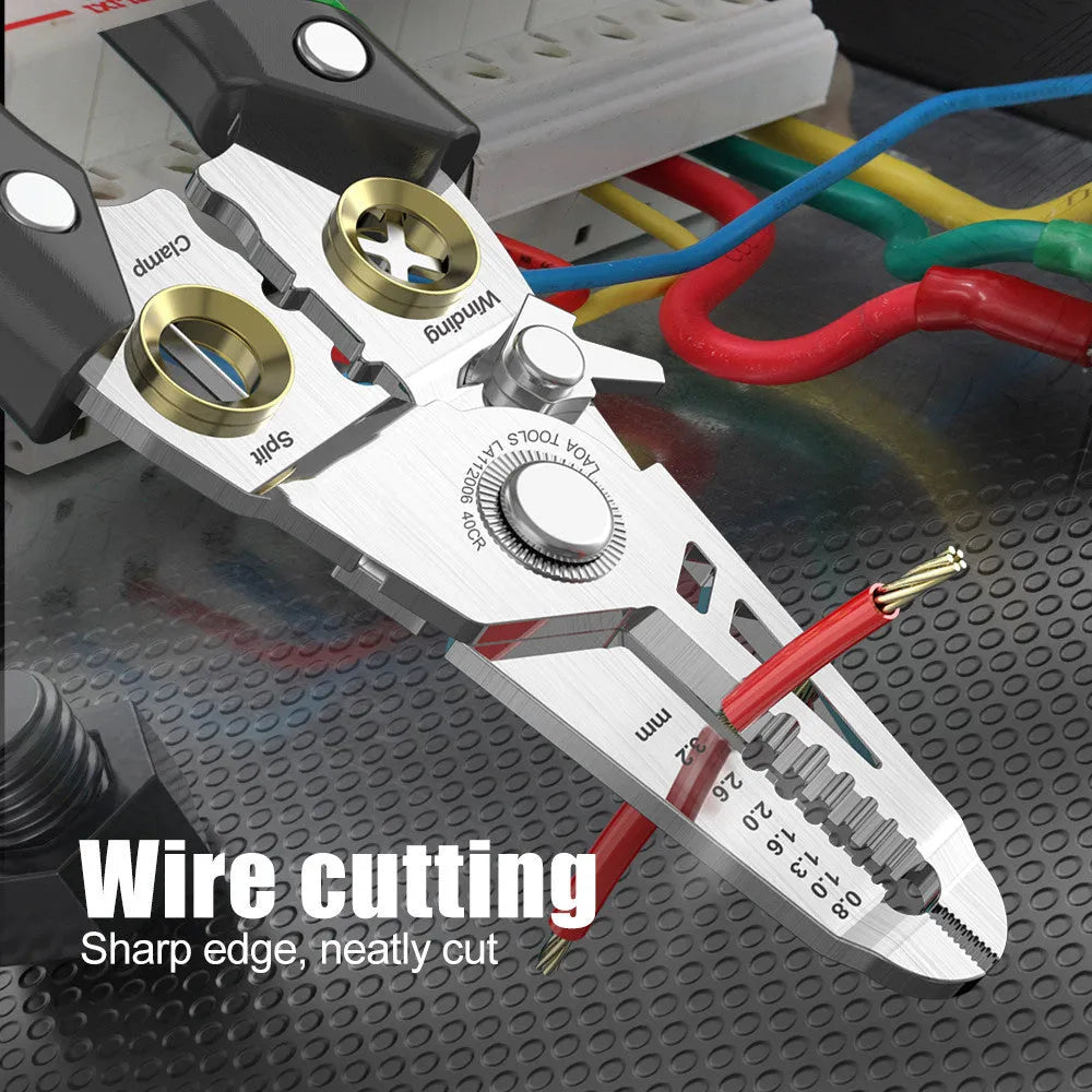Stainless steel 7-in-1 wire stripper tool with two-colour ABS handle and precision apertures