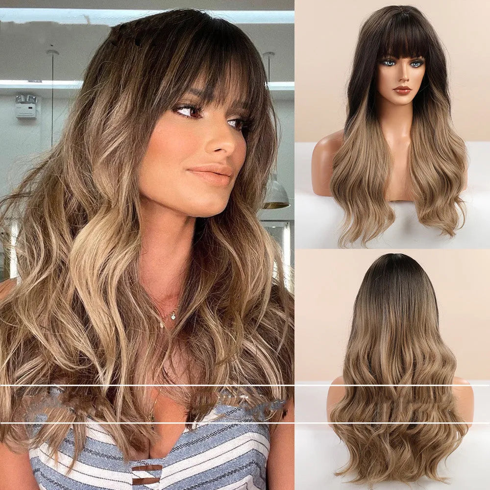 Air Bangs Big Wave Long Curly Hair Gradient Wig in Japanese silk natural style