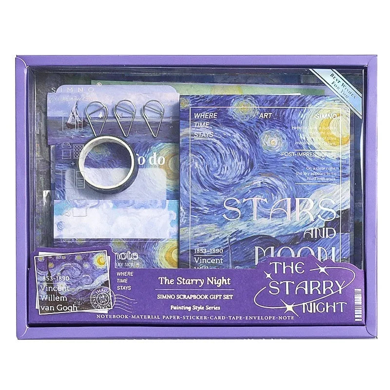 Hand Account Suit Creative Journal Gift Box open to show A6 plaid notebook, decorative papers, cards, and stickers.