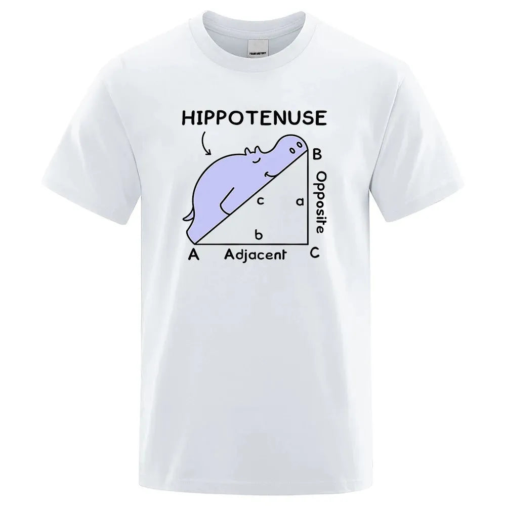 Loose fit cotton t-shirt with white hippotenuse opposite adjacent math joke print on army green fabric