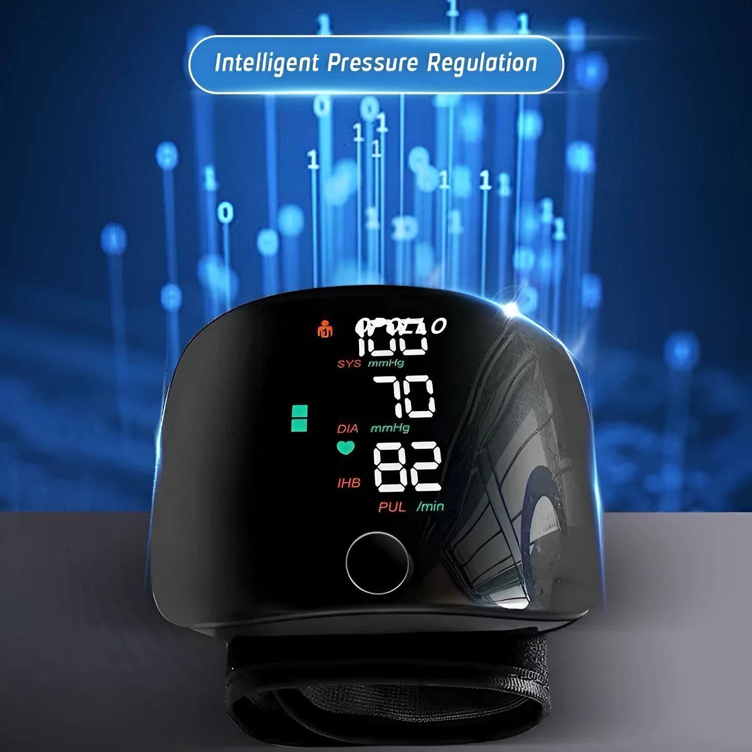 Black wrist blood pressure monitor with USB charging cable and multilingual voice function.