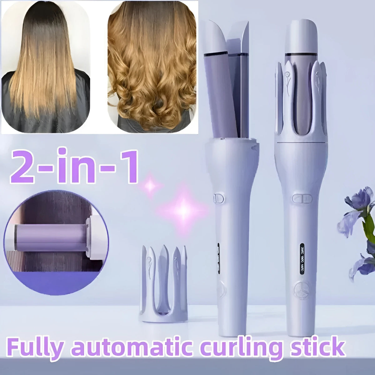 New 2-in-1 automatic hair curler straightener with ceramic barrel and temperature control in pink colour