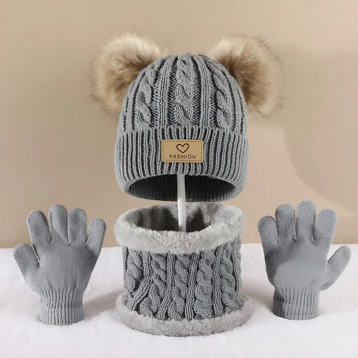 Children's hat scarf gloves three-piece set in acrylic, dome hat, scarf and gloves in pink, gray, lotus root, black, white, camel