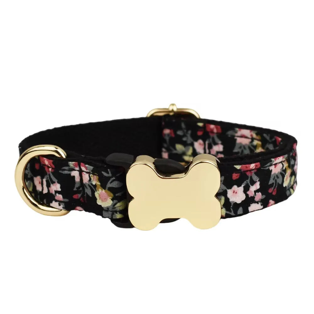 Nylon dog collar with printed grid pattern and bone-shaped metal buckle