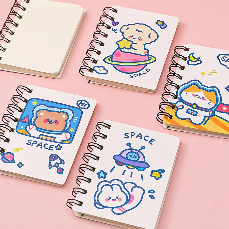 Astronaut series portable flipper notebook showing 10.5cm by 8cm size and optional cover designs.